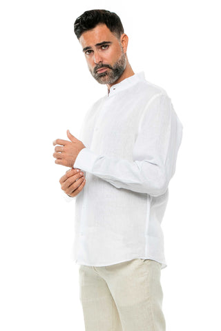 Casual Yarn Dyed Linen Mandarin Collar Long Sleeve Button Down Shirt