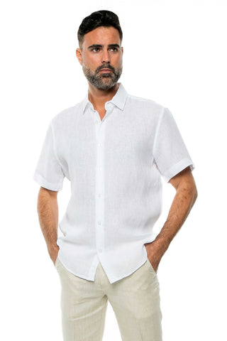 Casual Yarn Dyed Linen Shirt Short Sleeve Button Down
