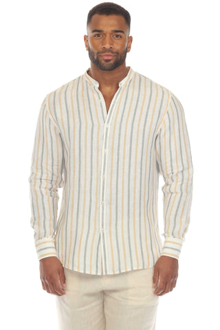 Mojito Men's Causal Mandarin Collar Pinstripe Shirt 100% Linen Long Sleeve Button Down