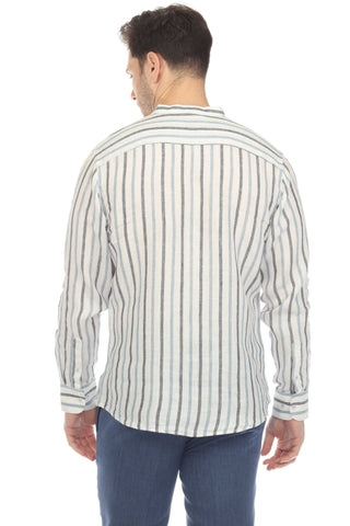 Mojito Men's Causal Mandarin Collar Pinstripe Shirt 100% Linen Long Sleeve Button Down
