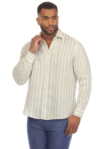 Mojito Men's Causal Pinstripe Shirt 100% Linen Long Sleeve Button Down