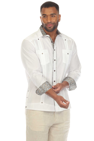Mojito Men's Guayabera Chacabana Shirt Cotton Blend Long Sleeve with Contrast Accent Trim