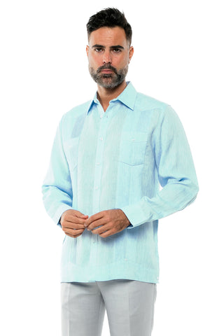 Mojito Men's Yarn Dye 100% Linen Guayabera Shirt Long Sleeve 2 Pocket Design