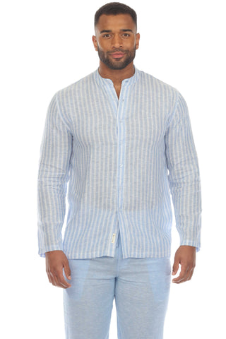 Mojito Men's Causal Beach Resort Wear Mandarin Collar Pinstripe Print Long Sleeve Linen Blend Button Down Shirt