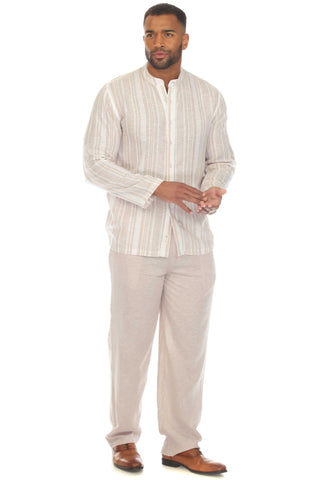 Mojito Men's Causal Beach Resort Wear Mandarin Collar Pinstripe Print Long Sleeve Linen Blend Button Down Shirt