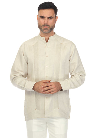 Mojito Men's Mandarin Collar Beach Wedding Guayabera Shirt 100% Linen Long Sleeve