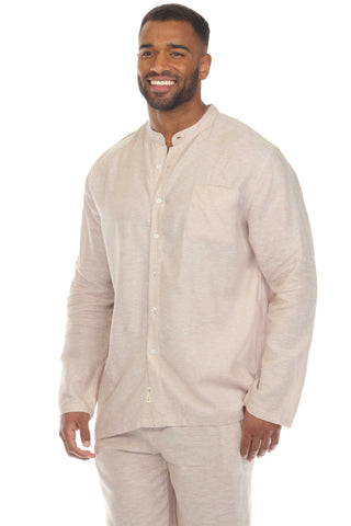 Mojito Men's Causal Beach Resort Wear Mandarin Collar Long Sleeve Linen Blend Button Down Shirt