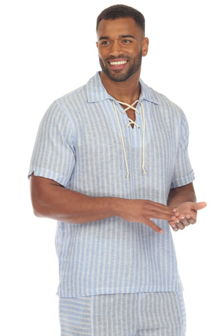 Mojito Men's Causal Beach Resort Wear Shirt with Pinstripe Print Linen Blend Short Sleeve Lace Up Neckline