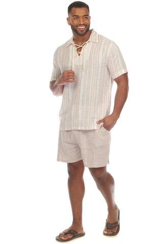 Mojito Men's Causal Beach Resort Wear Shirt with Pinstripe Print Linen Blend Short Sleeve Lace Up Neckline