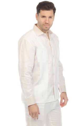 Mojito Men's 100% Linen Guayabera Chacabana Shirt Long Sleeve with Natural Contrast Color