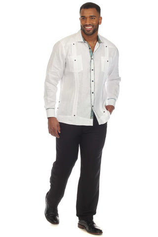 Mojito Men's 100% Linen Guayabera Chacabana Shirt Long Sleeve with Contrast Trim Accent