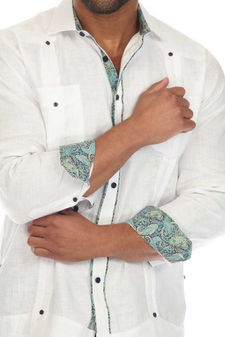 Mojito Men's 100% Linen Guayabera Chacabana Shirt Long Sleeve with Contrast Trim Accent