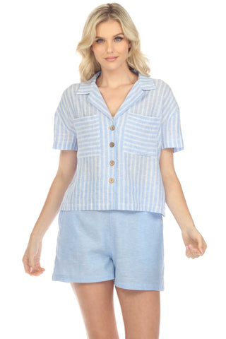 Women's Casual Resort Wear Stripe Print Linen Blend Button Down Camp Collar Short Sleeve Blouse