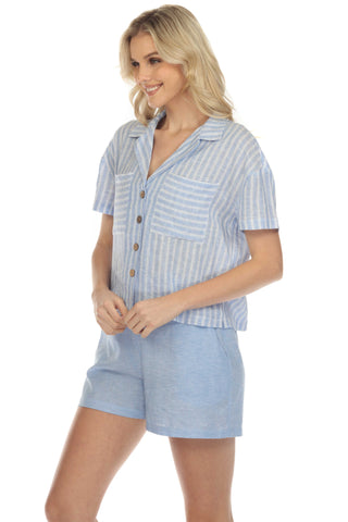 Women's Casual Resort Wear Stripe Print Linen Blend Button Down Camp Collar Short Sleeve Blouse