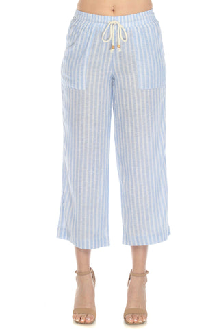 Women's Casual Beach Resort Wear Capri Pants Pinstripe Print with Drawstring Waist Linen Blend