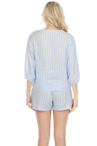 Women's Casual Resort Wear Stripe Print Linen Blend Button Down V Neck 3/4 Sleeve Blouse