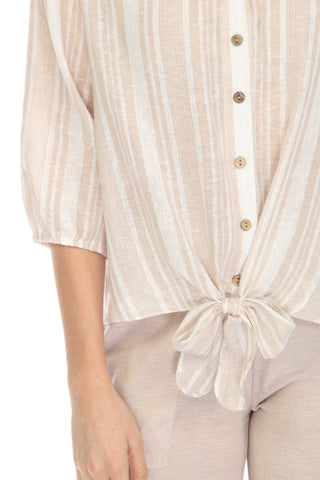 Women's Casual Resort Wear Stripe Print Linen Blend Button Down V Neck 3/4 Sleeve Blouse