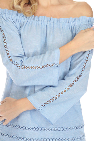 Women's Casual Resort Wear Off-Shoulder Cut Out Trim Long Sleeve Linen Blend Tunic Top