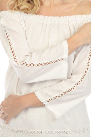 Women's Casual Resort Wear Off-Shoulder Cut Out Trim Long Sleeve Linen Blend Tunic Top