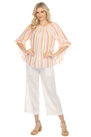 Women's Casual Resort Wear Off-Shoulder Stripe Linen Print 3/4 Flared Sleeve Blouse