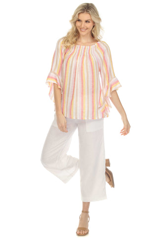 Women's Casual Resort Wear Off-Shoulder Stripe Linen Print 3/4 Flared Sleeve Blouse