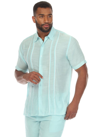 Men's Beach Button Down Shirt Pintuck Trim Contrast Short Sleeve