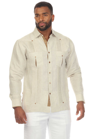 Mojito Men's 100% Linen Guayabera Chacabana Shirt Long Sleeve with Contrast Accent Trim