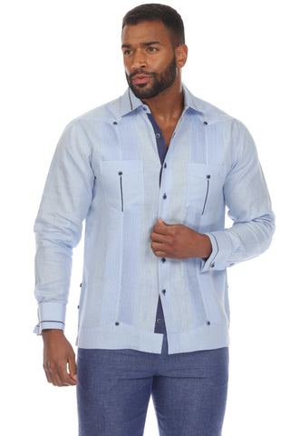 Mojito Men's 100% Linen Guayabera Chacabana Shirt Long Sleeve with Contrast Accent Trim