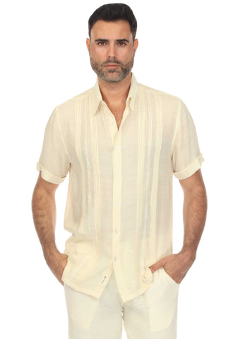 Men's Beach Button Down Embroidered Shirt with Pleating Design Short Sleeve