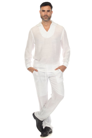 Men's Beach V-Neck Collar Shirt Long Sleeve with Embroidered Accent