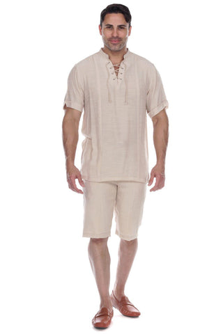 Mojito Men's Beachwear Henley Lace Up Shirt Short Sleeve