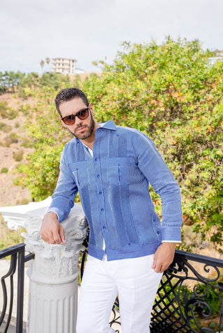 Mojito Men’s 100% Linen Long Sleeve Guayabera – Contrast Panel & Tonal Pleats