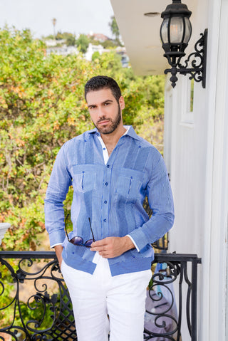 Mojito Men’s 100% Linen Long Sleeve Guayabera – Contrast Panel & Tonal Pleats