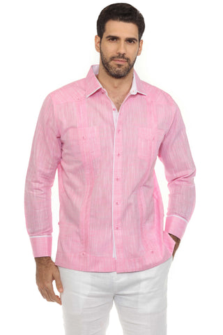 Mojito Men's Cotton Blend Guayabera Chacabana Shirt Long Sleeve with Accent Trim