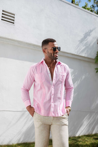 Mojito Men's Cotton Blend Guayabera Chacabana Shirt Long Sleeve with Accent Trim