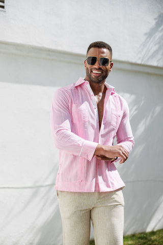 Mojito Men's Cotton Blend Guayabera Chacabana Shirt Long Sleeve with Accent Trim