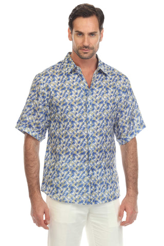 Mojito Men's Casual Print 100% Linen Shirt Short Sleeve Button Down