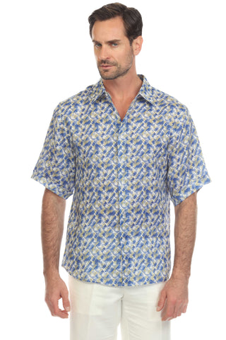 Mojito Men's Casual Print 100% Linen Shirt Short Sleeve Button Down