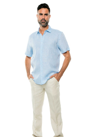 Casual Yarn Dyed Linen Shirt Short Sleeve Button Down