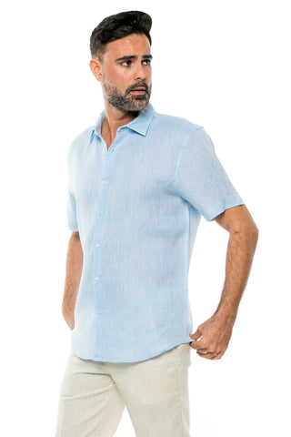 Casual Yarn Dyed Linen Shirt Short Sleeve Button Down