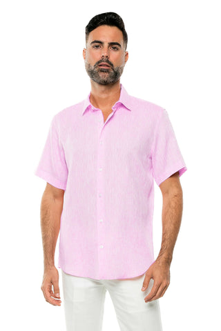 Casual Yarn Dyed Linen Shirt Short Sleeve Button Down