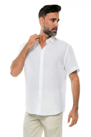 Casual Yarn Dyed Linen Shirt Short Sleeve Button Down