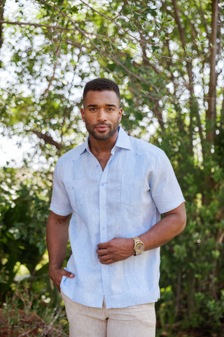 Mojito Men's Yarn Dye 100% Linen Guayabera Shirt Short Sleeve 2 Pocket Design