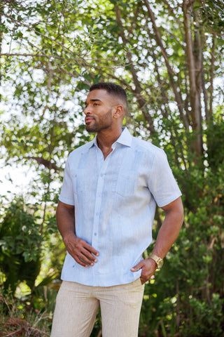 Mojito Men's Yarn Dye 100% Linen Guayabera Shirt Short Sleeve 2 Pocket Design