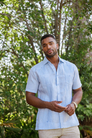 Mojito Men's Yarn Dye 100% Linen Guayabera Shirt Short Sleeve 2 Pocket Design