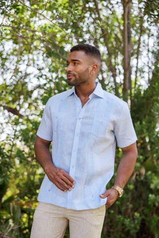 Mojito Men's Yarn Dye 100% Linen Guayabera Shirt Short Sleeve 2 Pocket Design