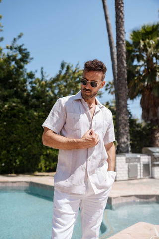 Mojito Men's Yarn Dye 100% Linen Guayabera Shirt Short Sleeve 2 Pocket Design