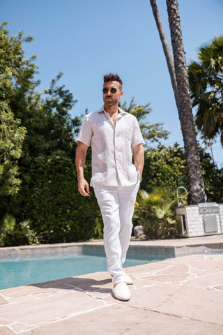 Mojito Men's Yarn Dye 100% Linen Guayabera Shirt Short Sleeve 2 Pocket Design