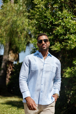 Mojito Men's 100% Linen Two-Pocket Design Guayabera Shirt Long Sleeve