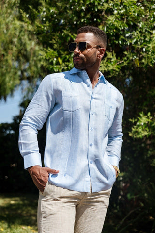 Mojito Men's 100% Linen Two-Pocket Design Guayabera Shirt Long Sleeve